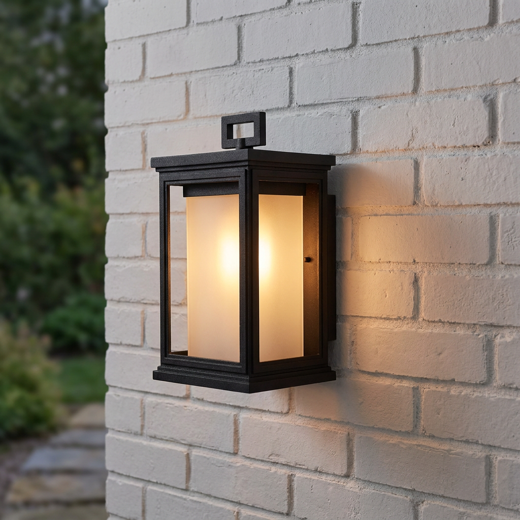 Feiss Roscoe black outdoor wall lantern with frosted glass panel lit on a white brick wall.