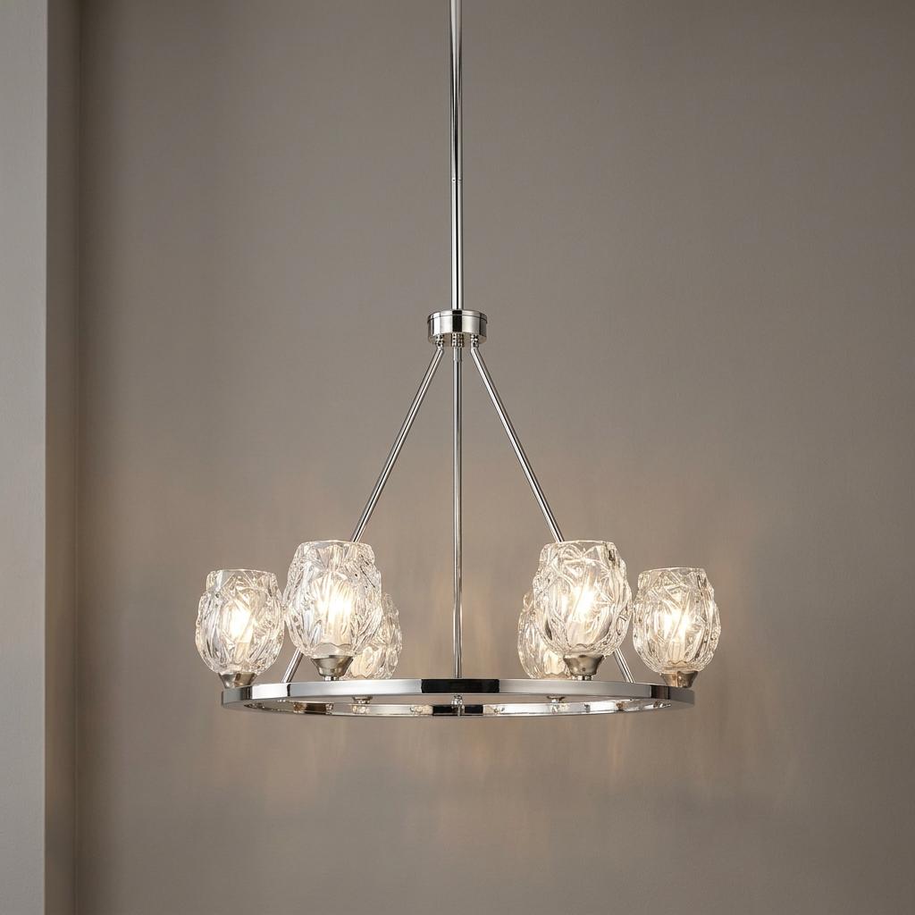 Six-light polished nickel chandelier with textured glass shades on a circular frame against a neutral wall.