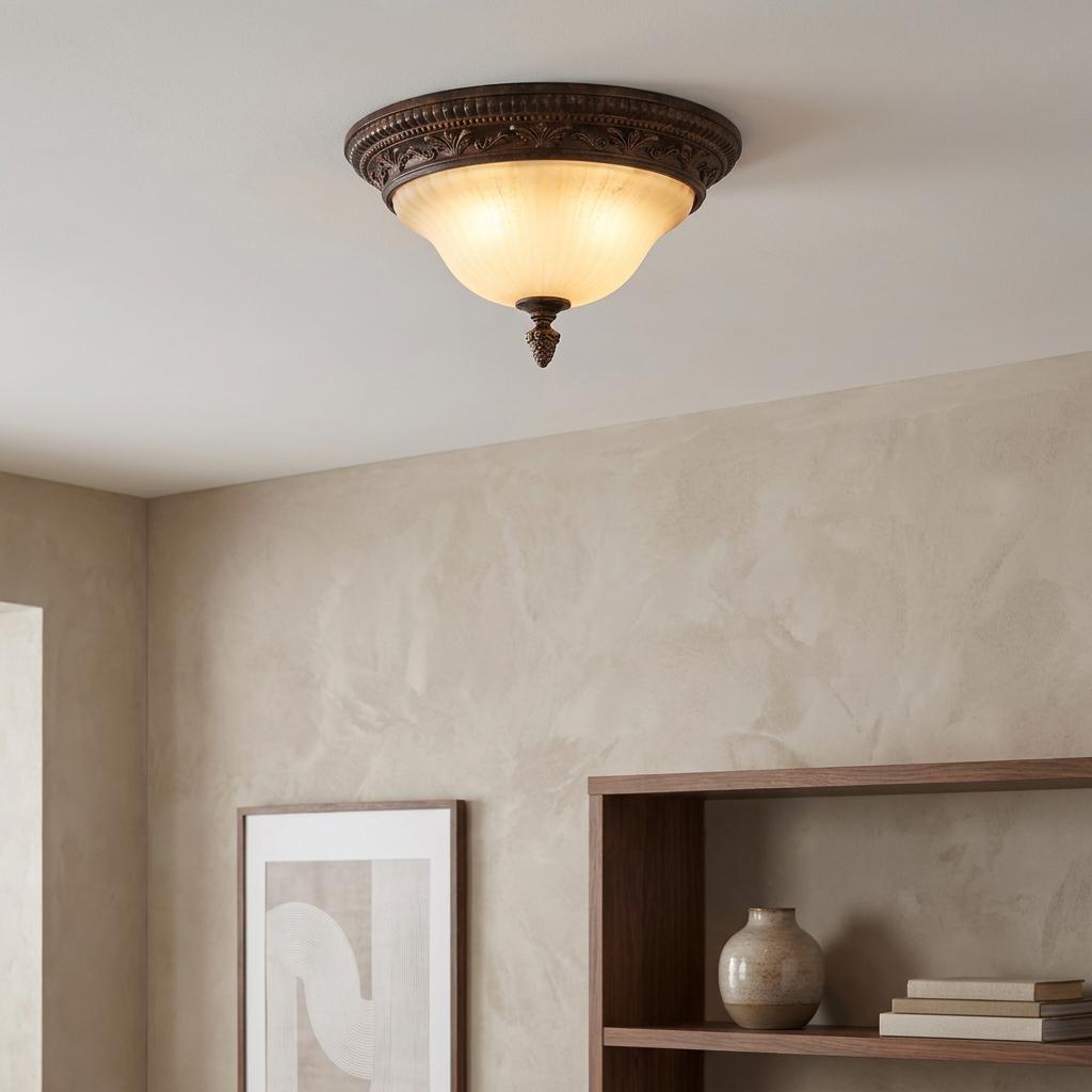 Feiss Sonoma Valley aged tortoise shell flush ceiling light with amber glass in a neutral room.
