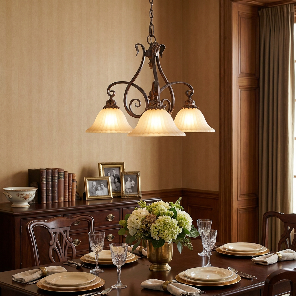 Feiss Sonoma Valley 3-light chandelier with tortoise shell finish and frosted shades over a formal dining table.