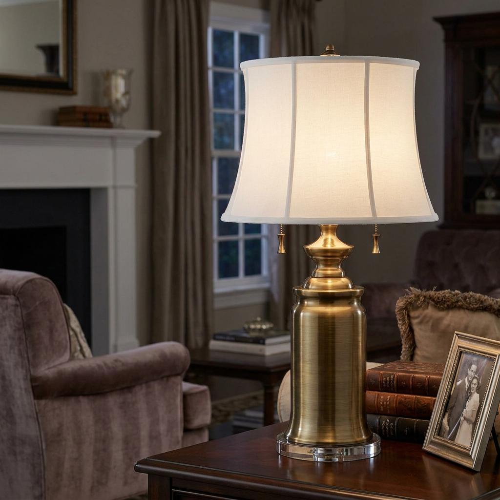 Feiss Stateroom brass table lamp with a flared white shade on a side table in a classic living room setting.