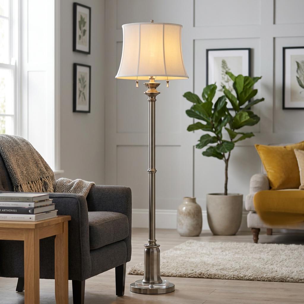 A nickel floor lamp with a white flared shade lit in a living room between a grey armchair and a potted plant.