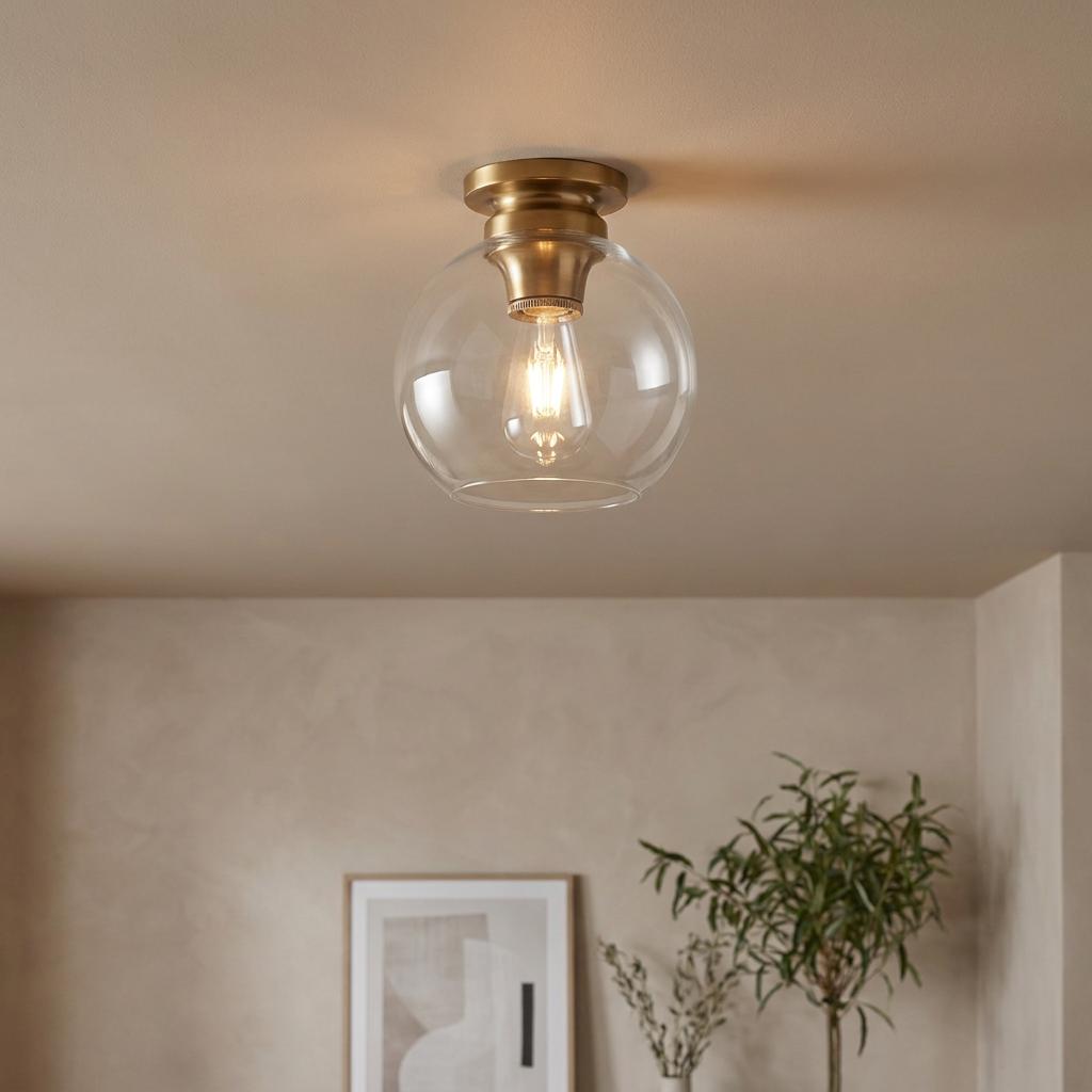Brass flush mount ceiling light with a clear glass globe shade, illuminated in a neutral room.