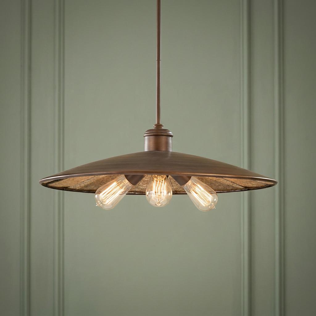 Large dark bronze ceiling pendant with three Edison filament bulbs and a wide metal shade against a green wall.