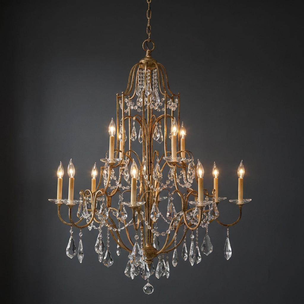 Feiss Valentina 12-light bronze chandelier with elegant crystal drops against a dark backdrop.