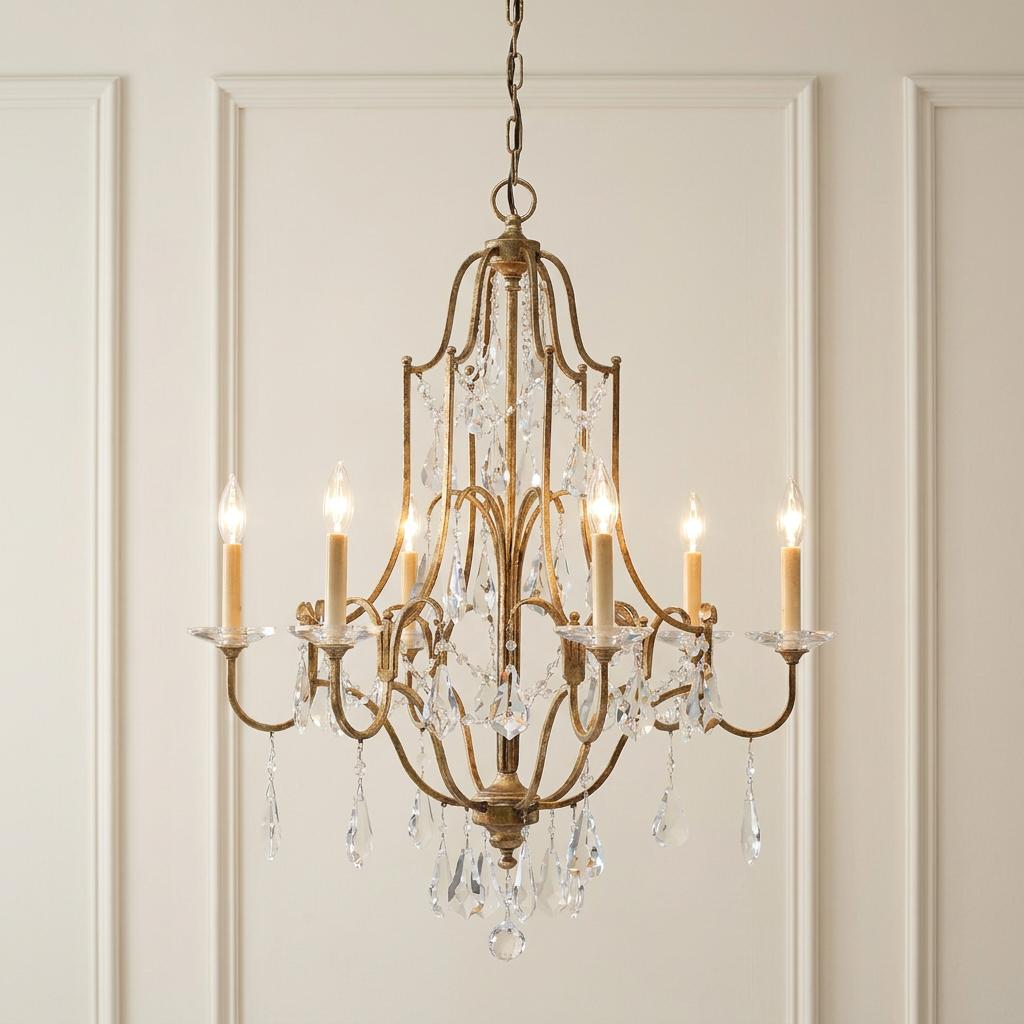 Feiss Valentina 6-light bronze chandelier with hanging crystal droplets and candle-style bulbs against a paneled wall.