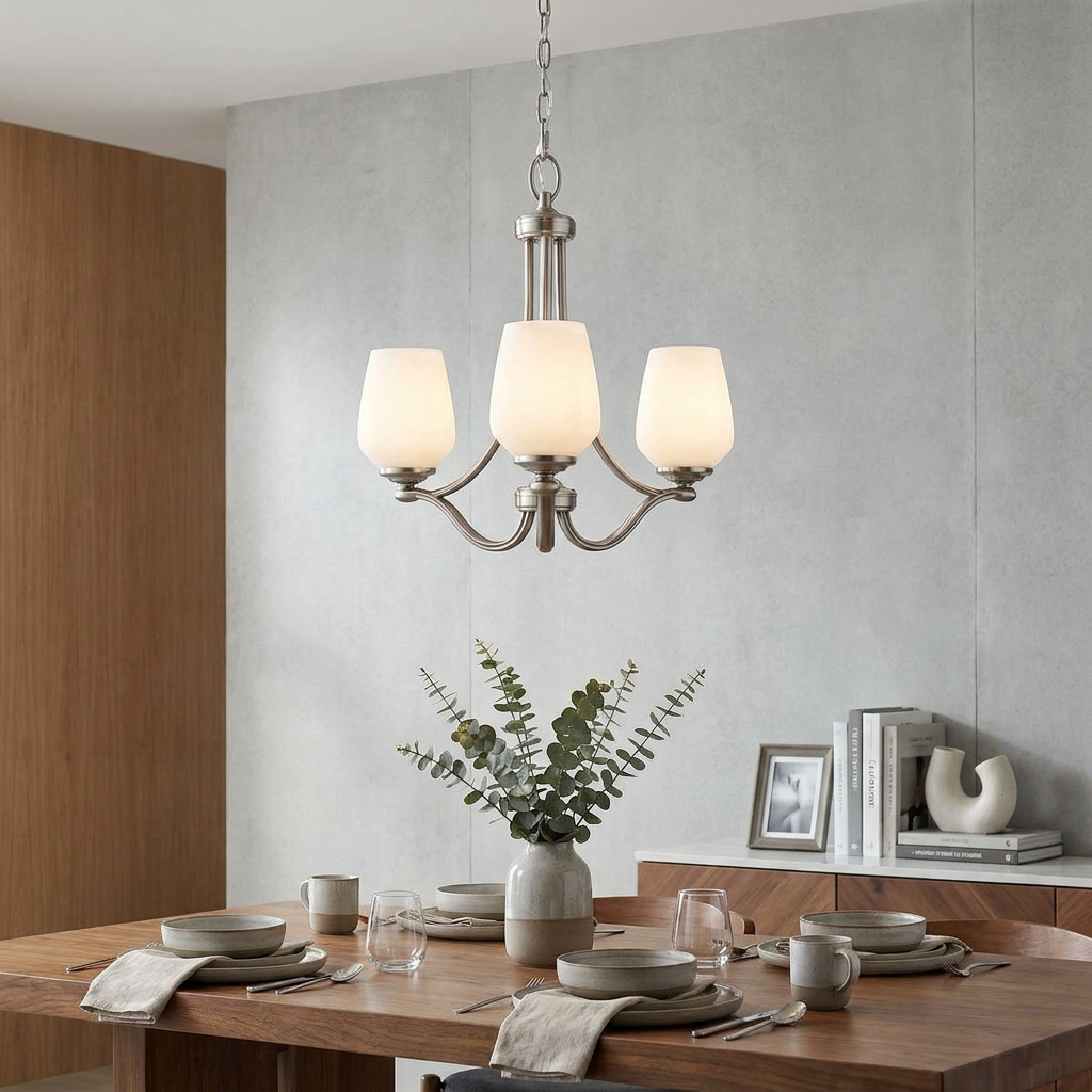 Feiss Vintner 3 Light Chandelier in satin nickel with opal glass shades hanging over a set dining table.