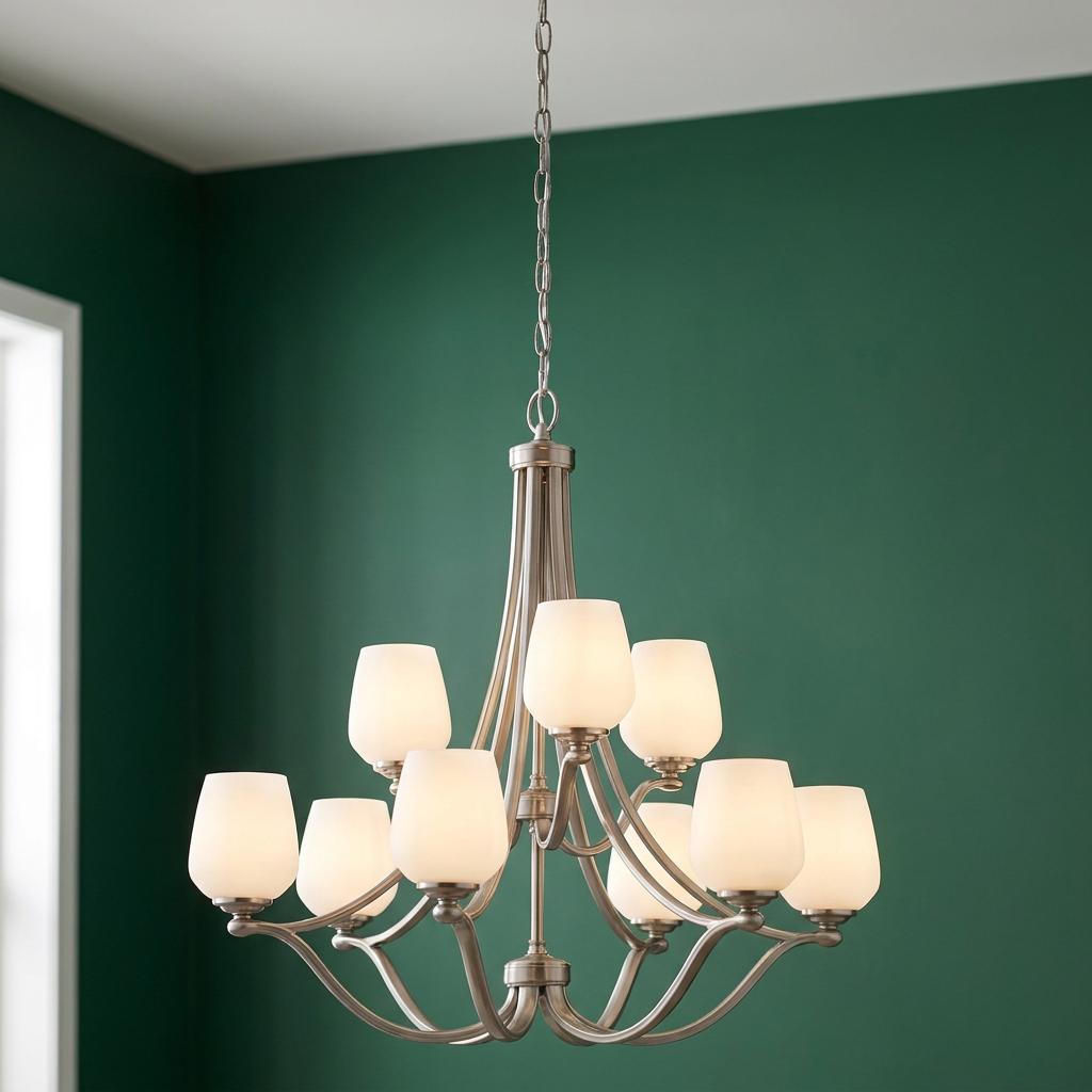 Feiss Vintner nine-light satin nickel chandelier with white glass shades set against a dark green wall.