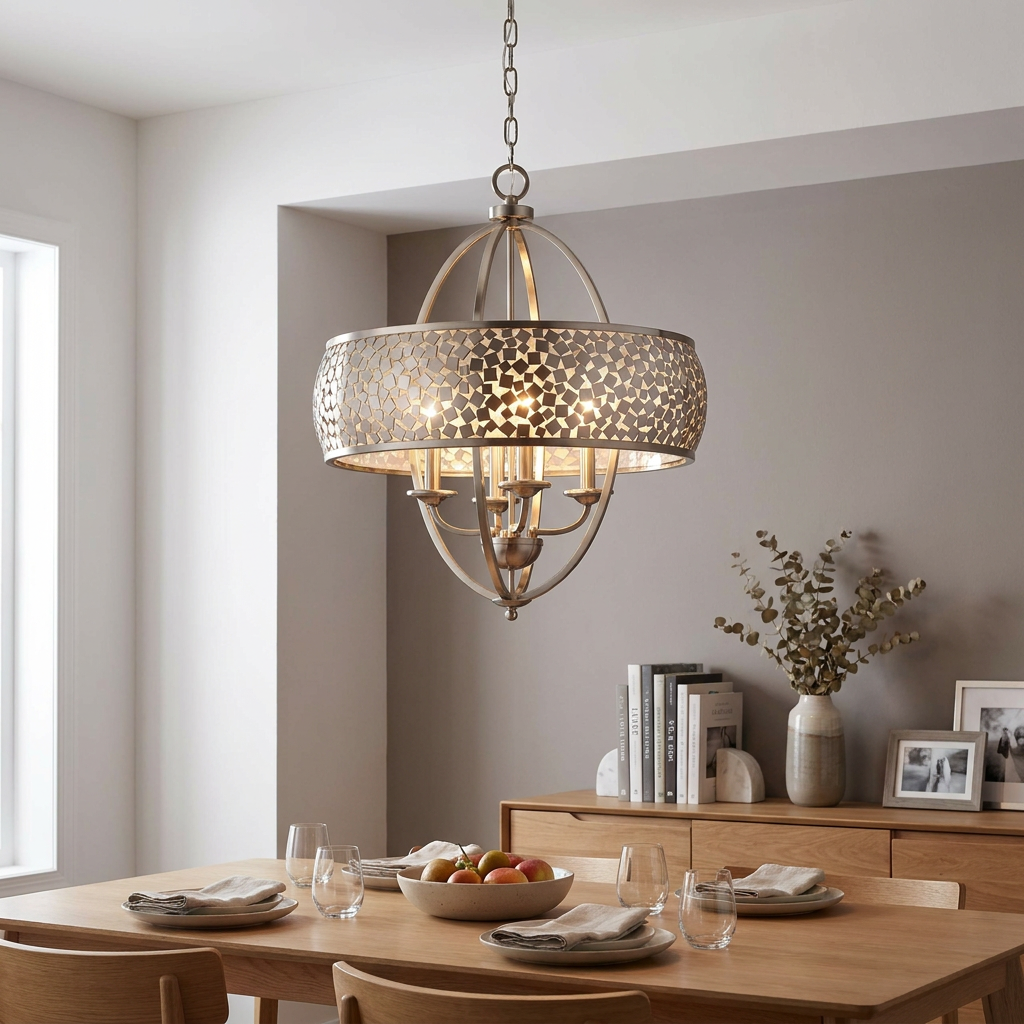 A Feiss Zara chrome pendant light with a mosaic drum shade hanging above a wooden dining table in a modern interior.
