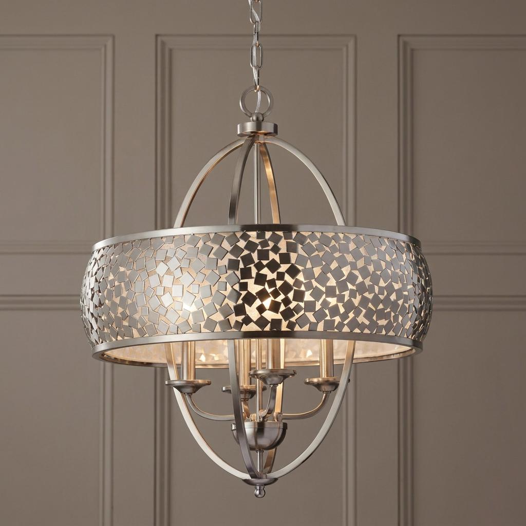 Feiss Zara 4 Light Chrome Pendant Ceiling Light featuring a mosaic-style metal shade and curved orb frame.