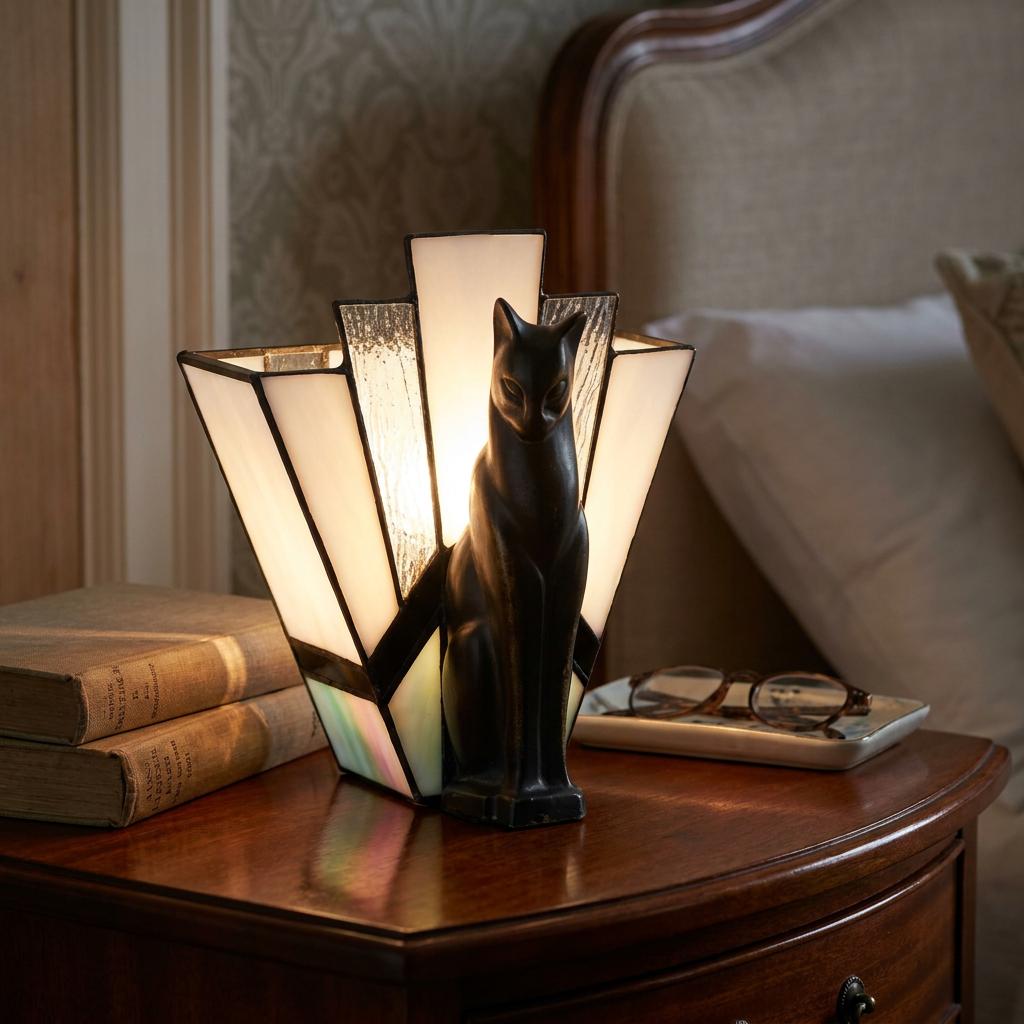 Art Deco cat table lamp with fan-shaped Tiffany glass panes on a bedside table with books and glasses.