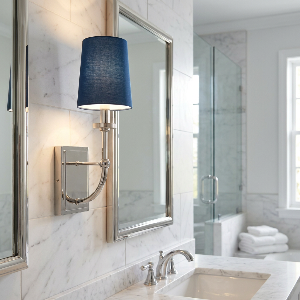 Polished chrome bathroom wall light with a navy blue fabric shade mounted on marble tile next to a mirror.