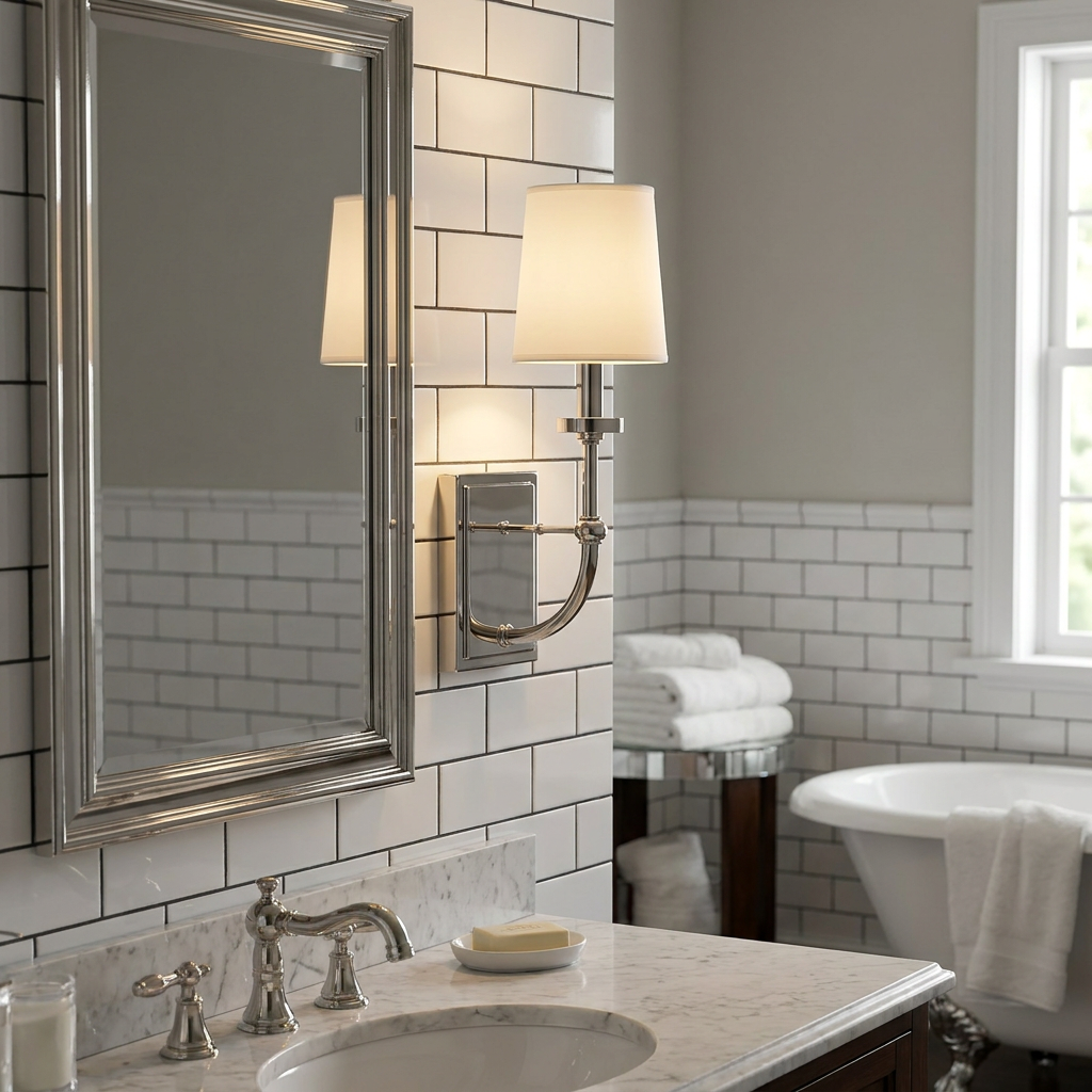 Felixstowe polished chrome wall light with a white parchment shade mounted on white subway tiles in a bathroom.
