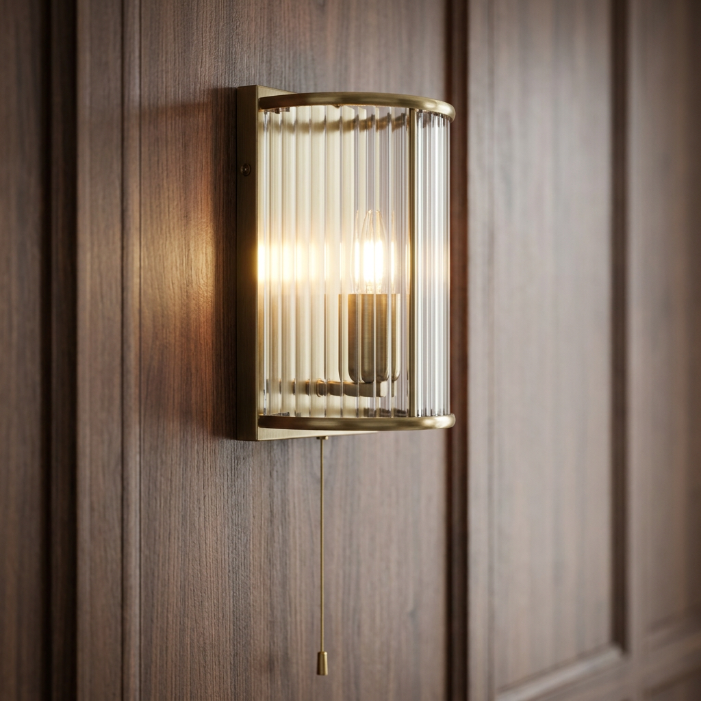 Fern antique brass wall light with ribbed glass and pull cord, illuminated against dark wood paneling.