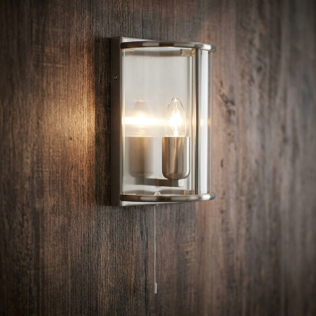 Fern antique chrome finish wall light with a curved glass panel and pull cord mounted on a dark wood wall.