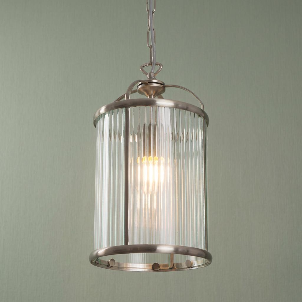 Fern Antique Chrome Hallway Ceiling Light with ribbed glass shade, hanging against a light green wall.