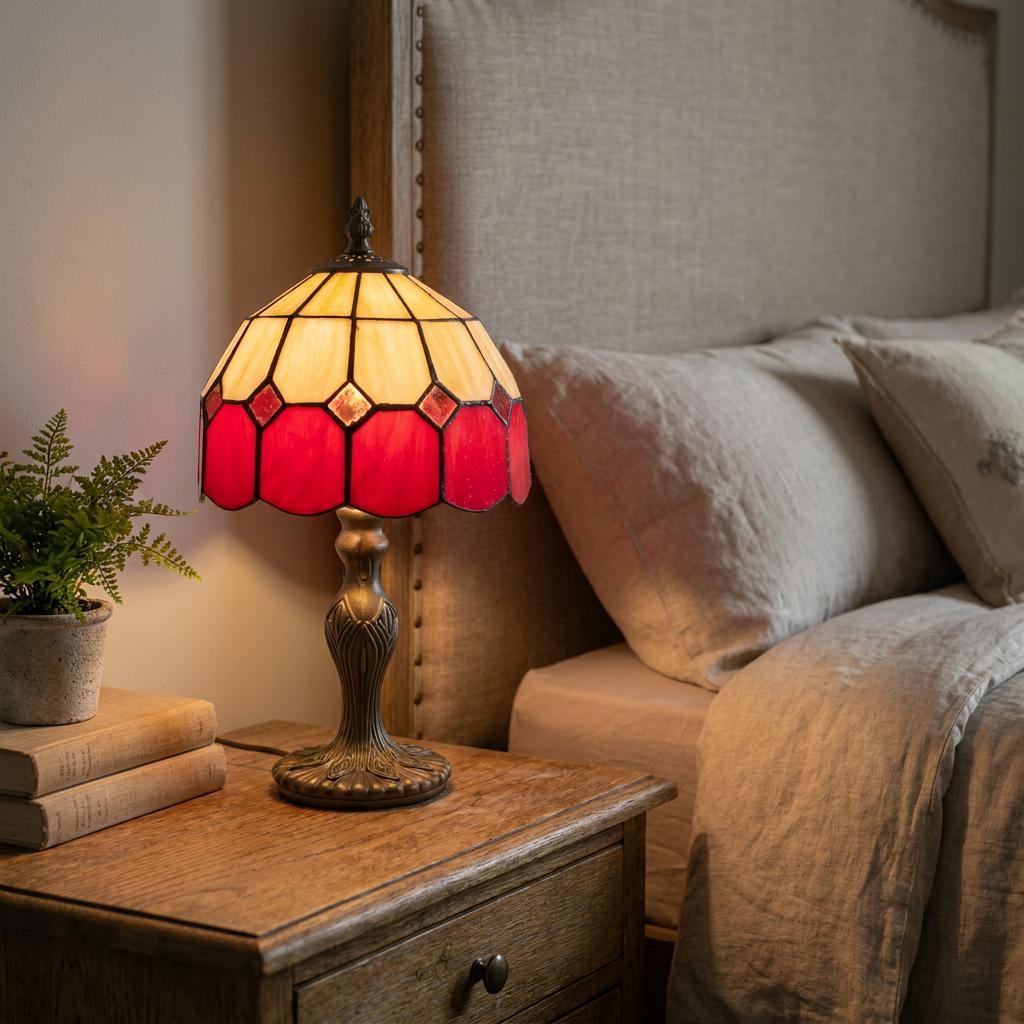 Ferndale Tiffany bedside lamp with a red and cream stained glass shade on a wooden table beside a bed.