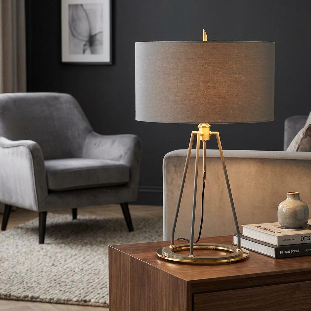 Ferrara grey and gold table lamp with a tripod base on a wooden table in a modern living room setting.