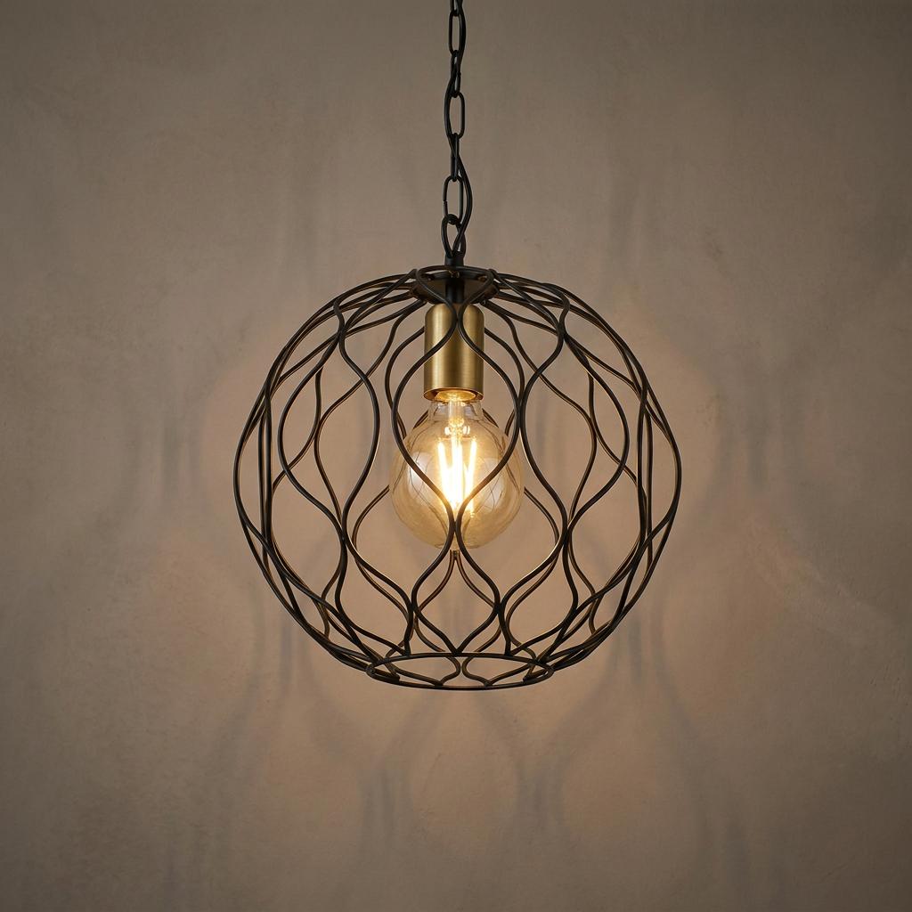 Black wavy wire spherical pendant lamp with a gold lampholder and warm glowing bulb against a neutral wall.