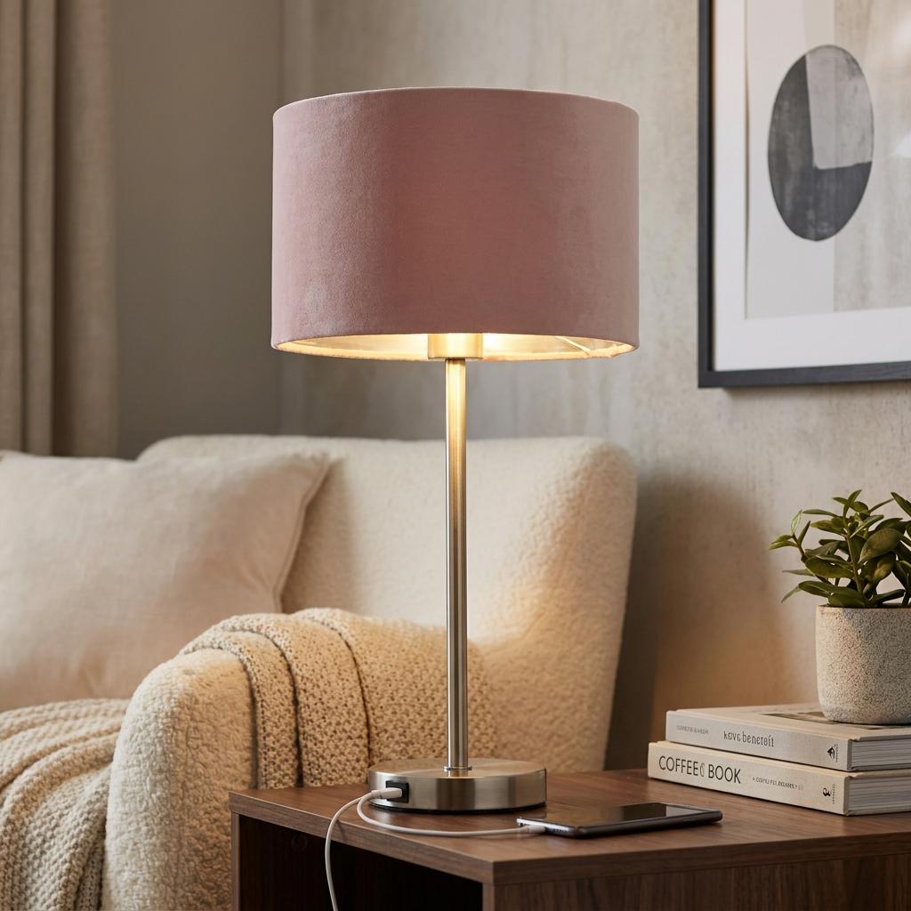 Satin nickel table lamp with a pink velvet shade on a wooden table, charging a phone beside a boucle armchair.