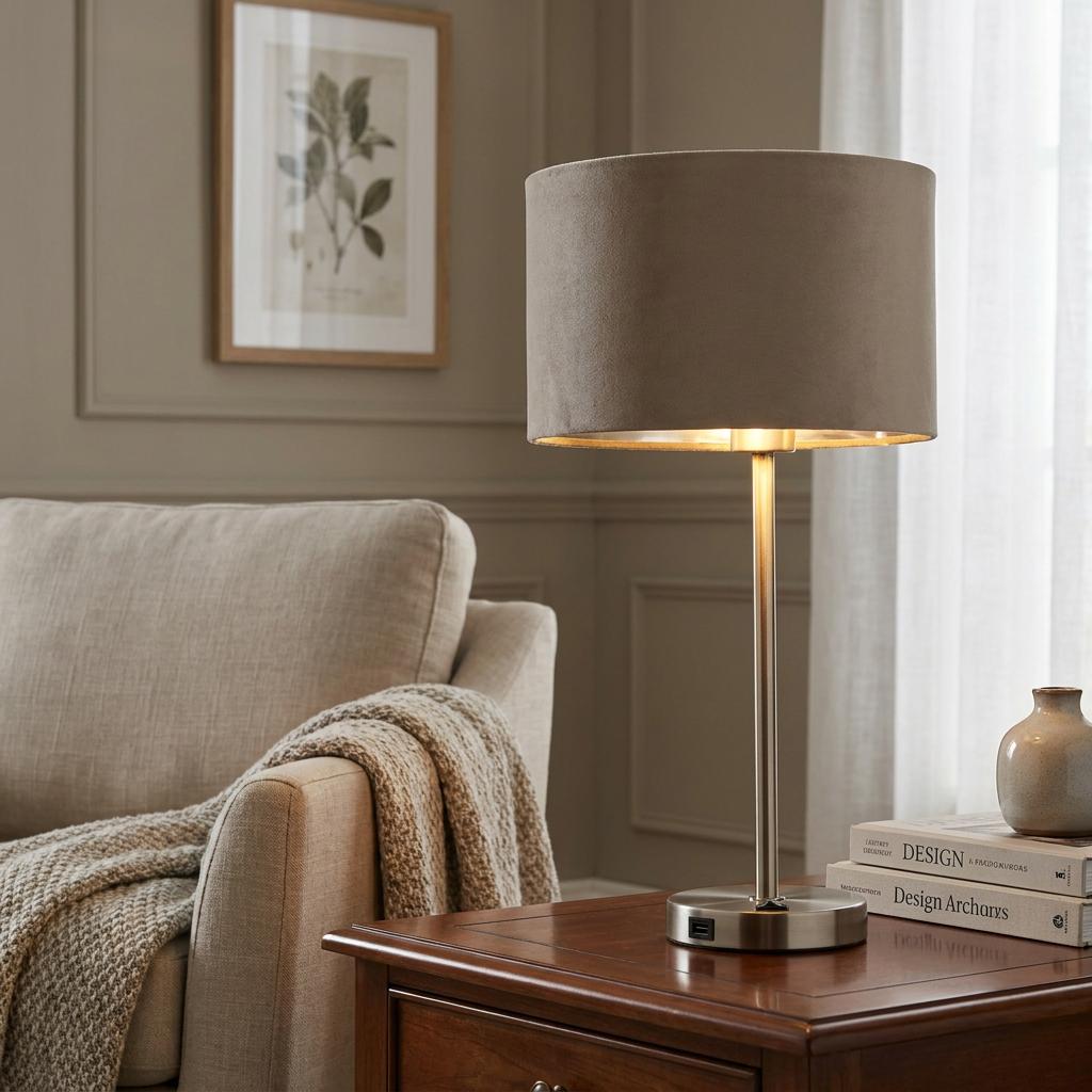 Finn USB table lamp with a taupe velvet shade on a wooden side table in a cozy living room setting.