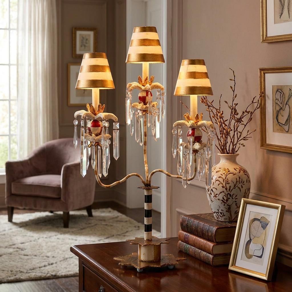 Three-arm table lamp with gold striped shades and hanging crystals on a wooden table in a cozy living room.