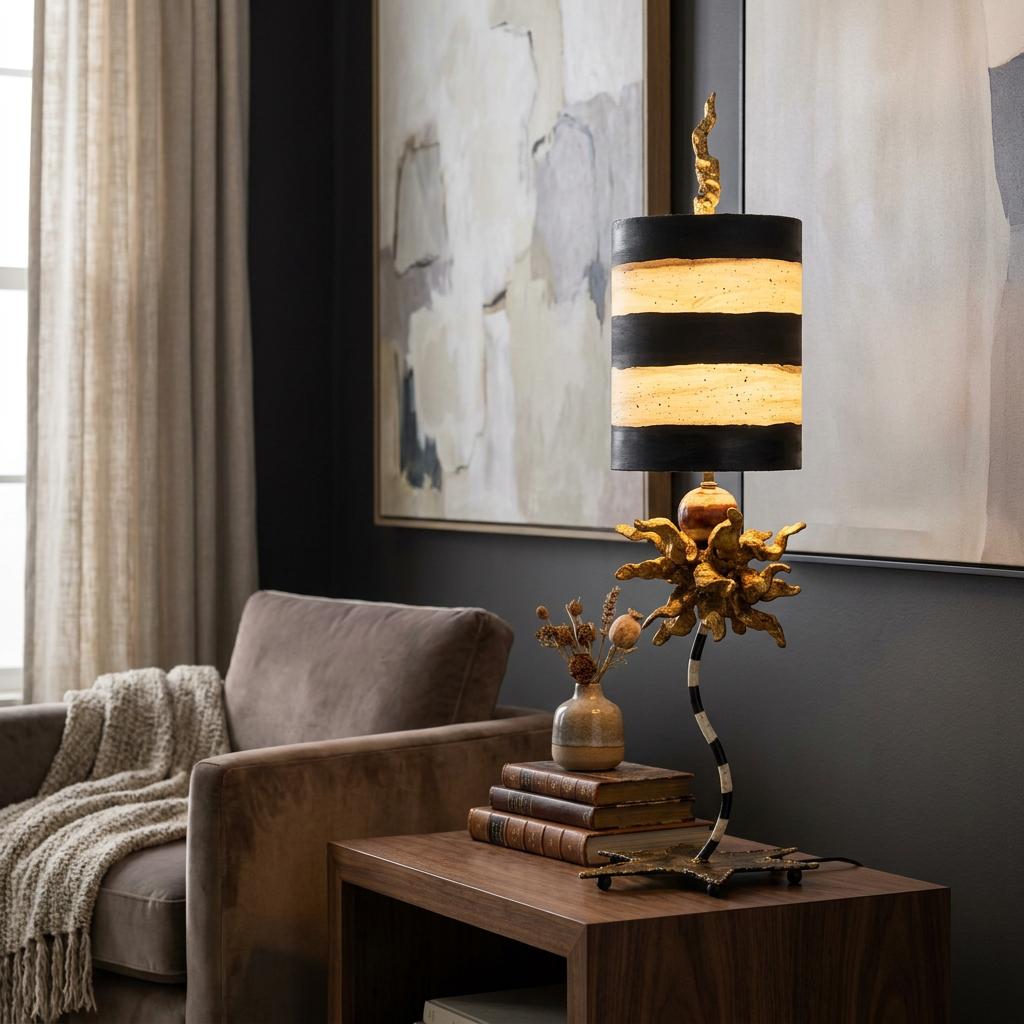 Flambeau Dominique table lamp with a striped shade and gold coral accents on a wooden side table in a modern room.