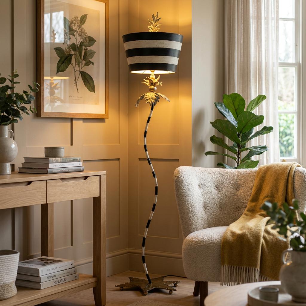 A Flambeau South Beach floor lamp with a striped shade and wavy pole in a cozy living room corner.