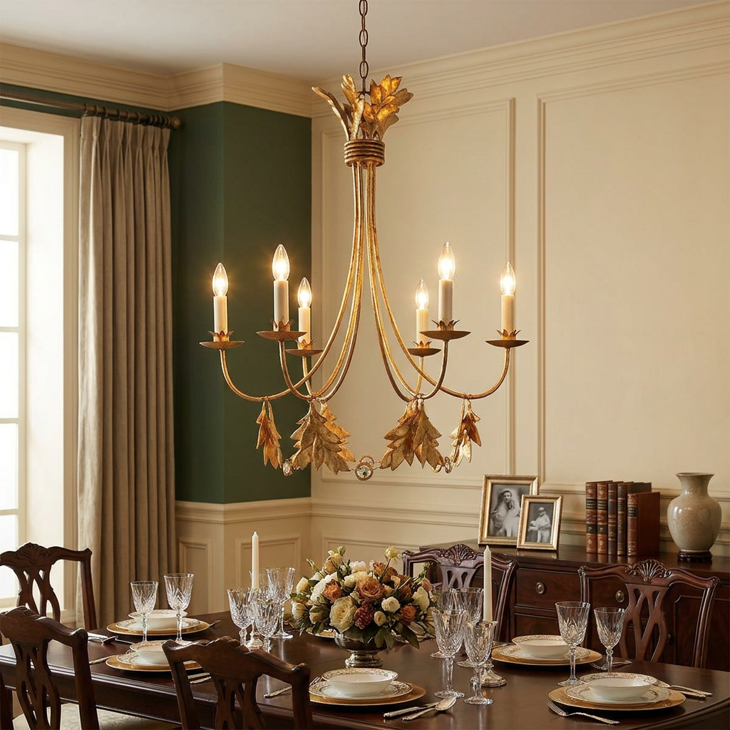 A Flambeau Sweet Olive 6 Light Gold Chandelier with leaf motifs hangs over a set dining table in a classic room.