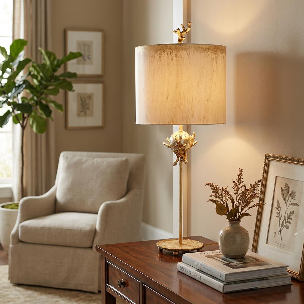 Flambeau Trellis table lamp with coral details and a warm textured shade on a wooden desk in a neutral living room.
