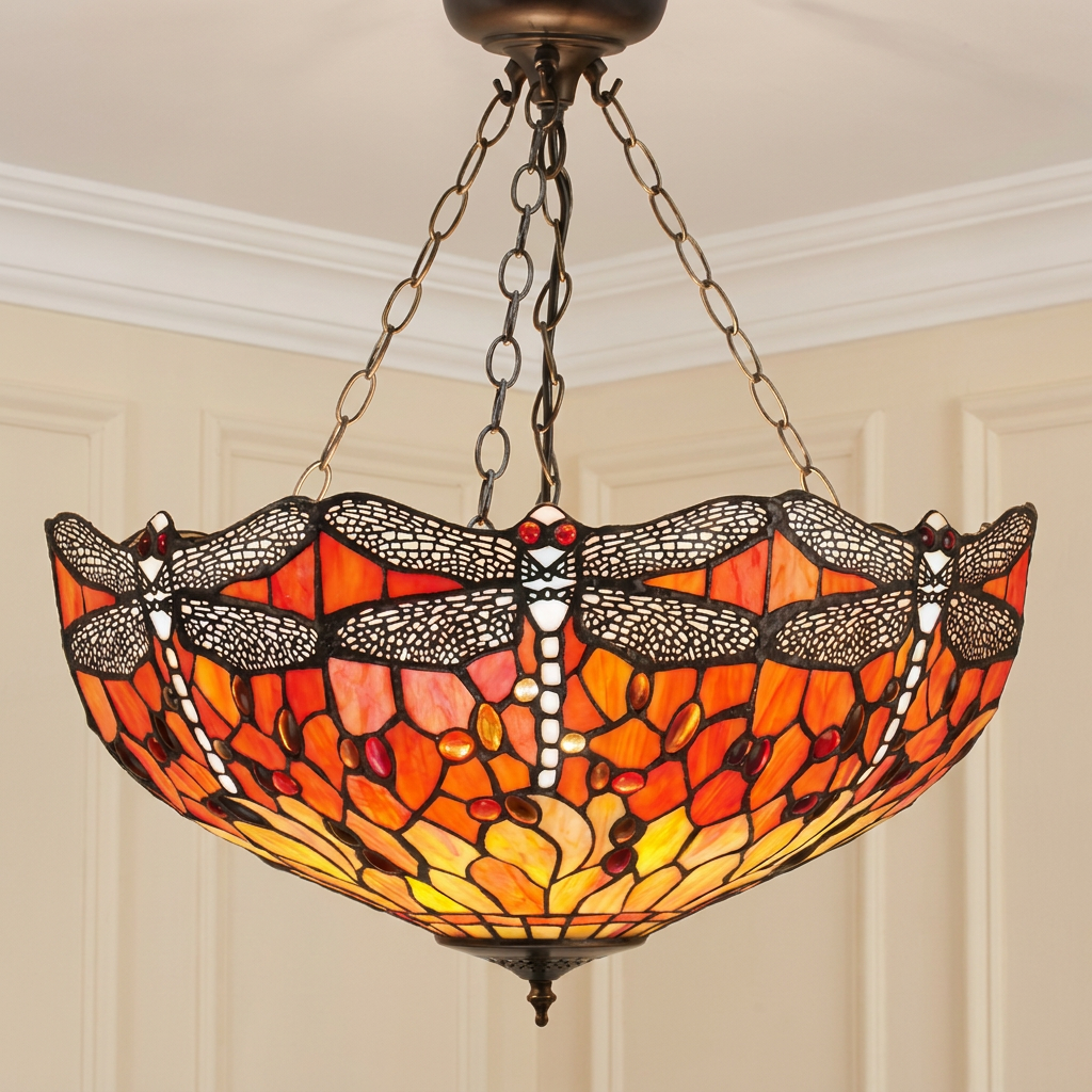 Flame Dragonfly 50cm inverted Tiffany ceiling light with an orange, red, and yellow stained glass dragonfly pattern.