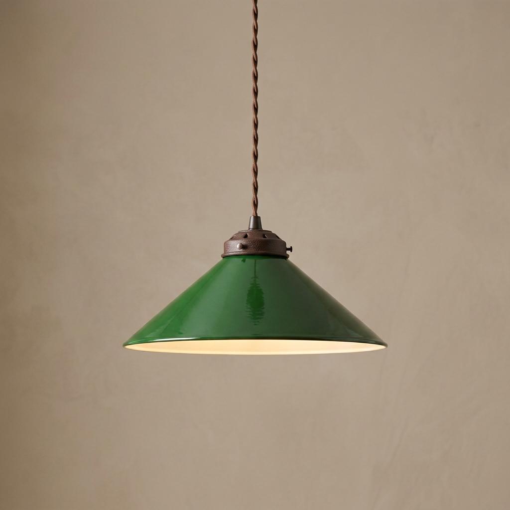 Green enamel conical pendant light with a bronze fixture hanging against a textured beige background.