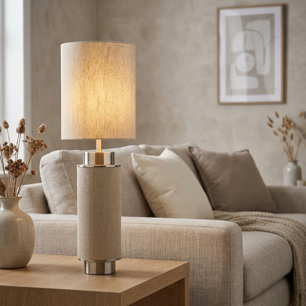 A natural hessian and nickel table lamp stands lit on a wooden side table in a neutral living room.