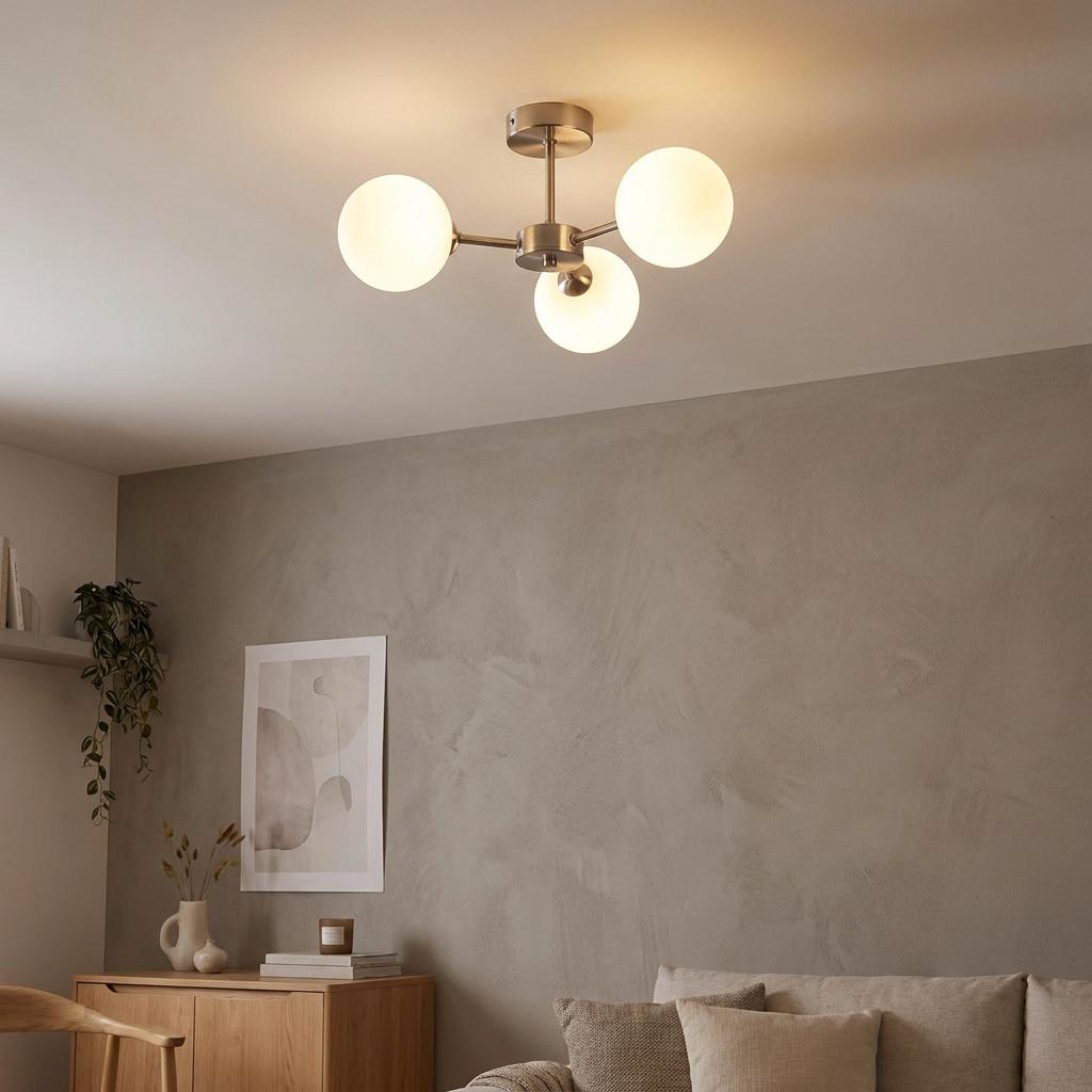 Flaxton 3 Arm Satin Nickel Semi Flush with Opal Glass Shades-warehouse-180926