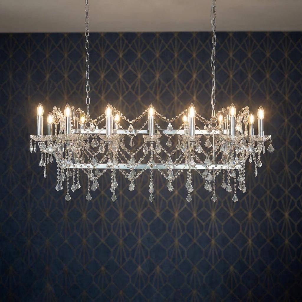 Florence 14-light chrome and crystal pendant ceiling bar with draped beads against a blue geometric wallpaper.