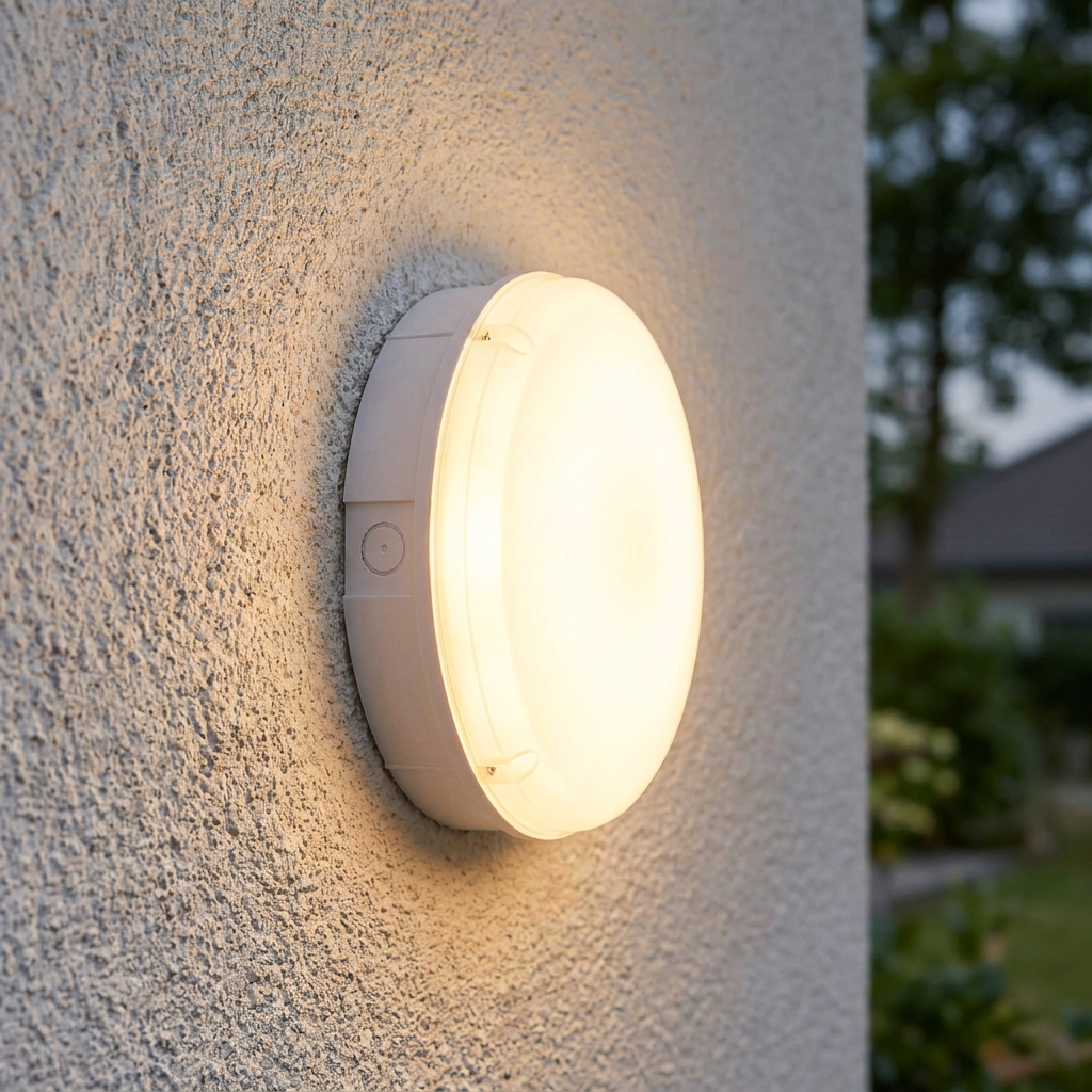 Circular Forca LED bulkhead light illuminated with warm light on a textured white exterior wall.
