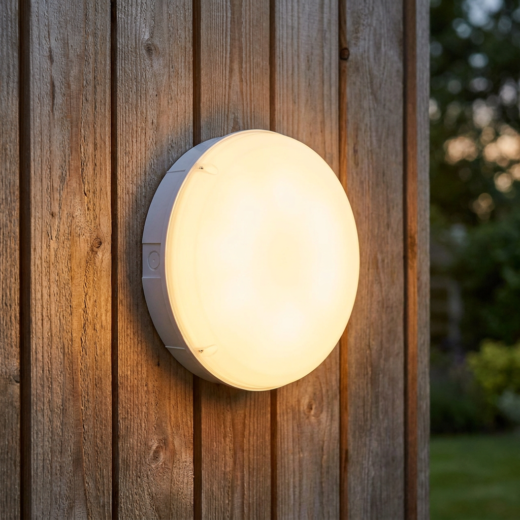 Round white bulkhead light emitting a warm glow on a wooden slatted wall.