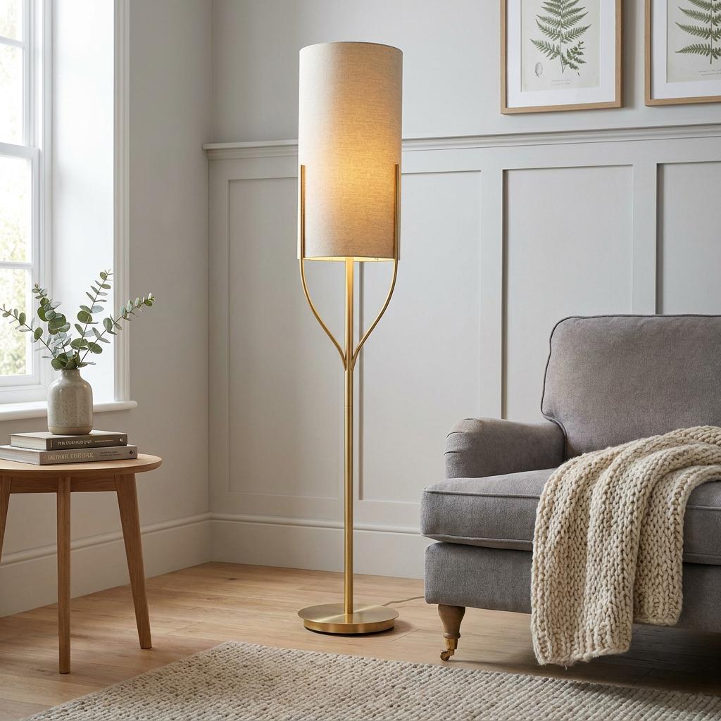 Fraser brass floor lamp with a natural linen shade in a living room next to a grey armchair.