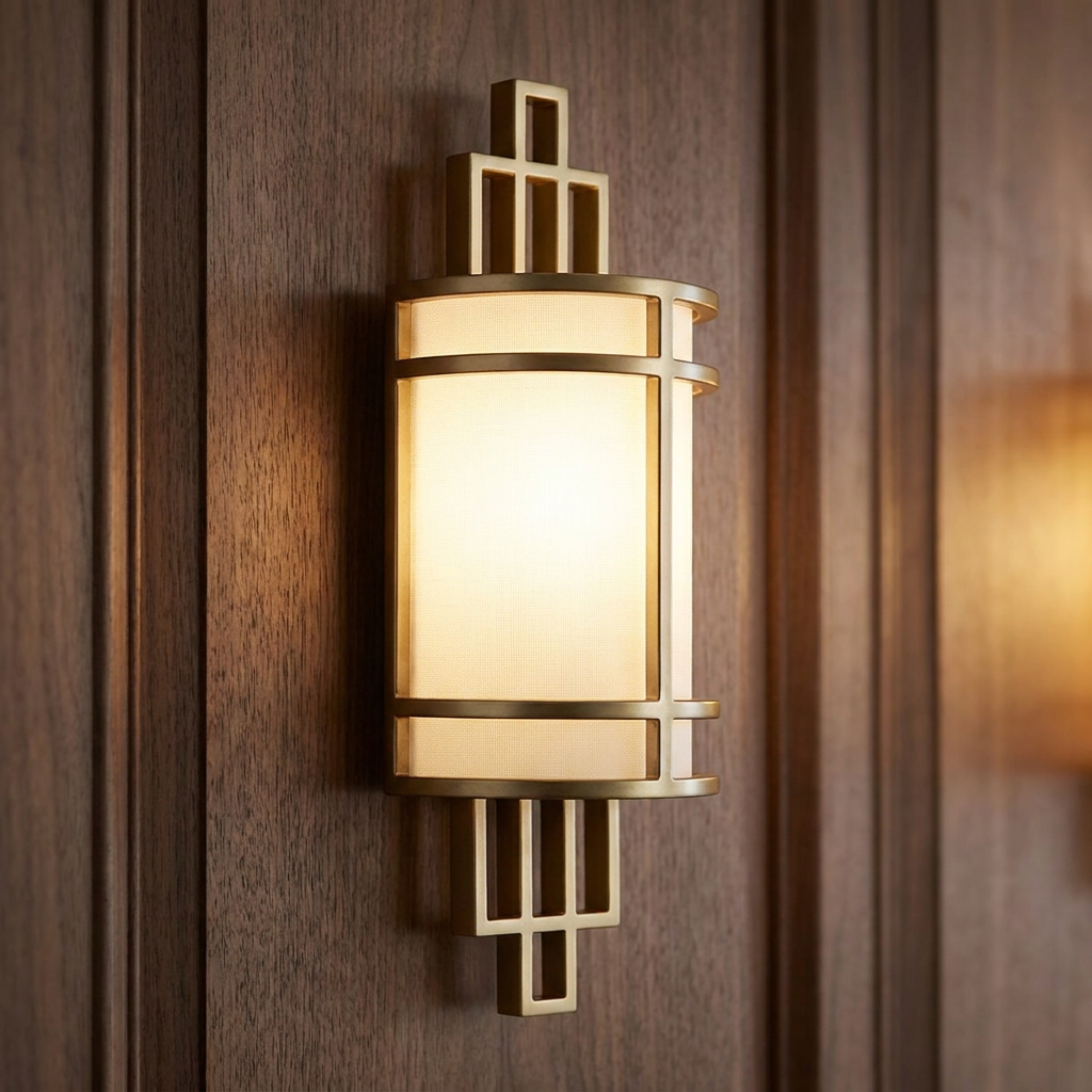 Art Deco brass wall light with a geometric frame and warm glowing shade mounted on a wood-panelled wall.
