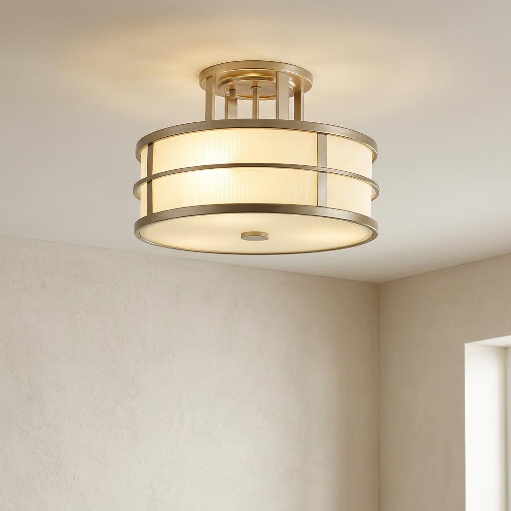 Fusion brass Art Deco semi-flush ceiling light with a tiered drum shade glowing warmly in a neutral room.