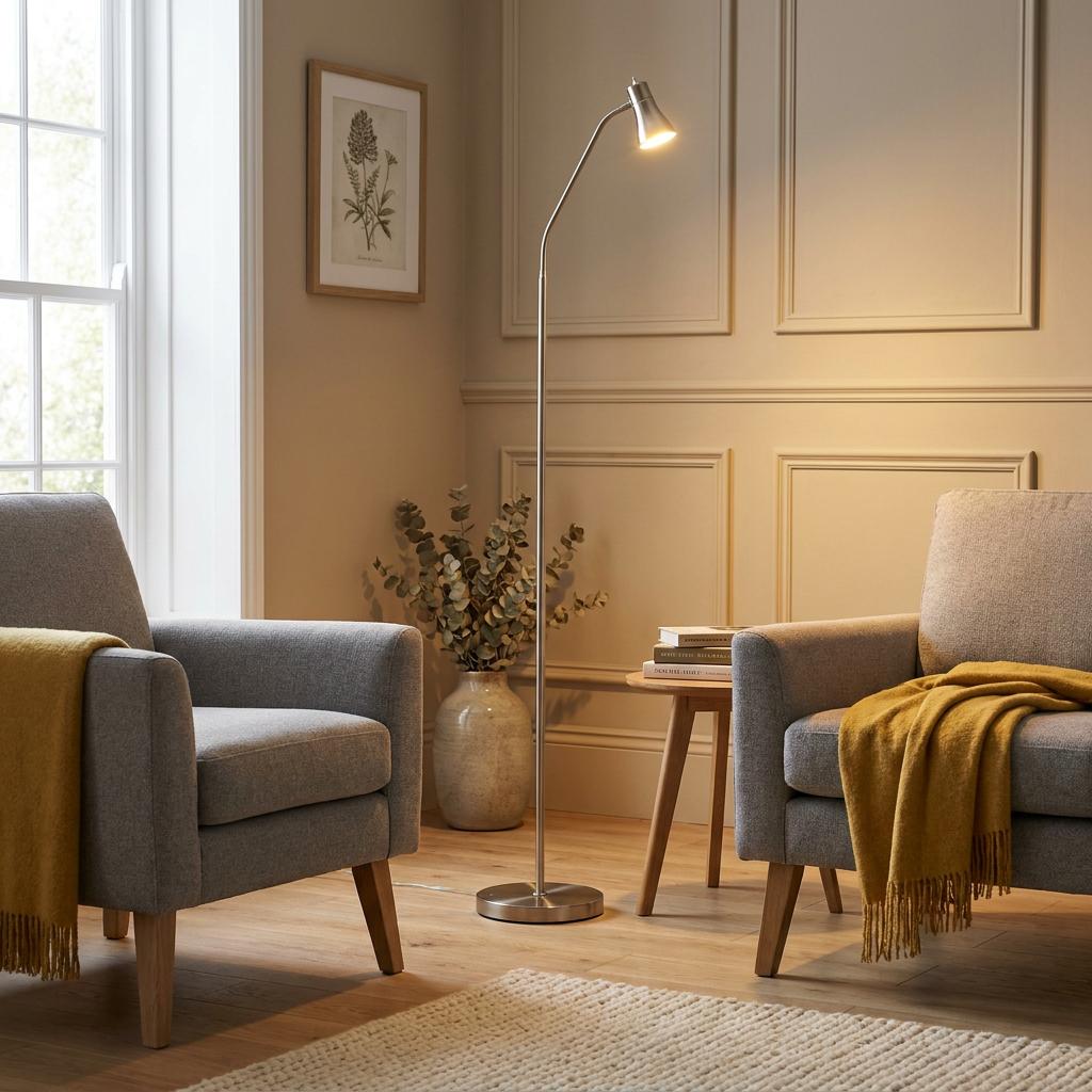 Fusion Modern Satin Silver Floor Lamp with an adjustable head between two grey armchairs in a cozy living room.