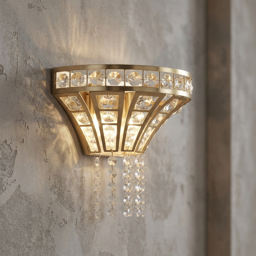 Gemma brass wall light with clear crystal details glowing on a textured plaster wall.