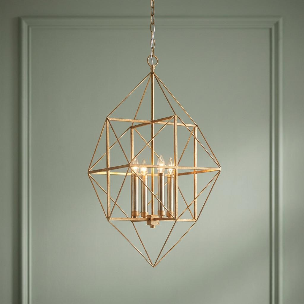 Geometric 4-light gold and silver leaf pendant hanging against a pale green wall with panel molding.
