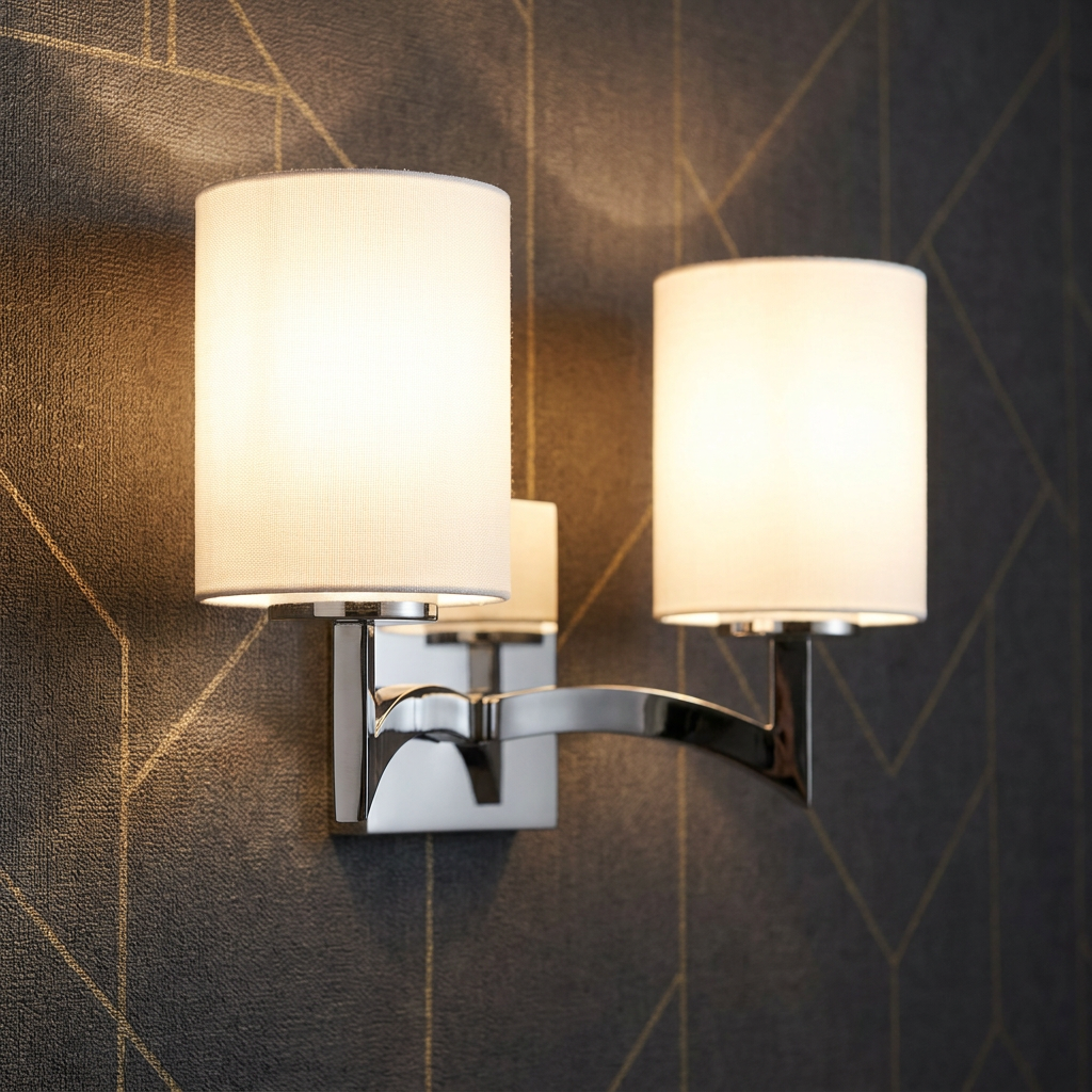 A double chrome wall light with glowing white cylinder shades against dark geometric wallpaper.