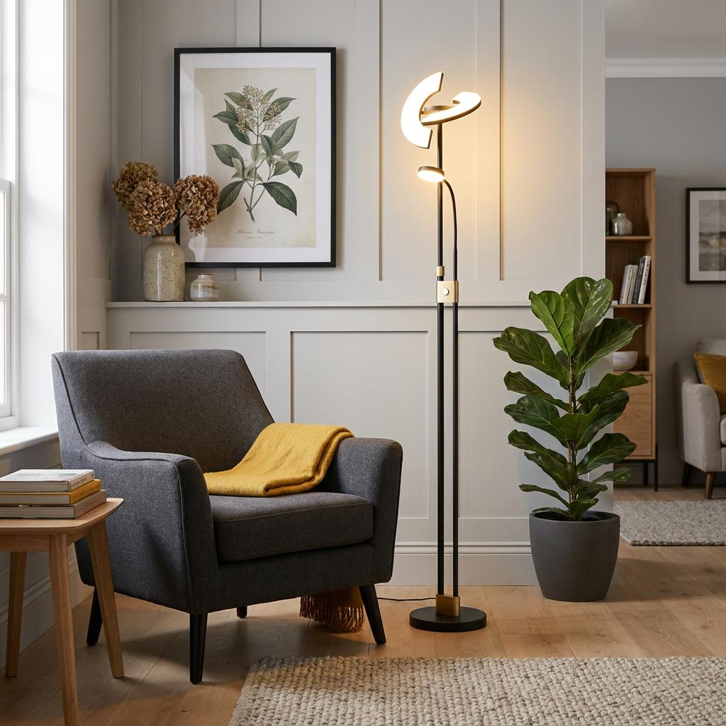 Gio black and brass LED mother and child floor lamp illuminating a cozy living room with a grey armchair.