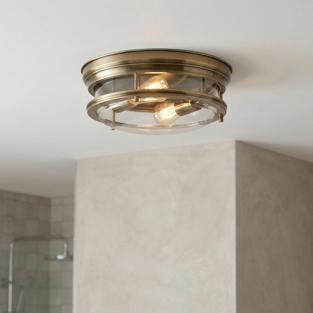 Antique brass flush ceiling light with clear glass shade and two glowing bulbs in a modern bathroom setting.