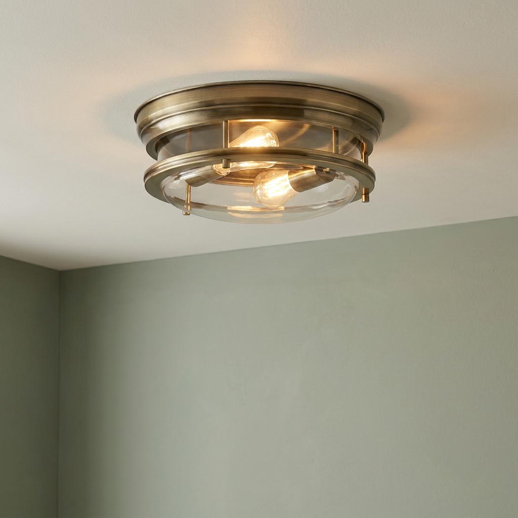 Glasgow brass flush mount bathroom ceiling light with a clear glass bowl shade and two warm glowing bulbs.