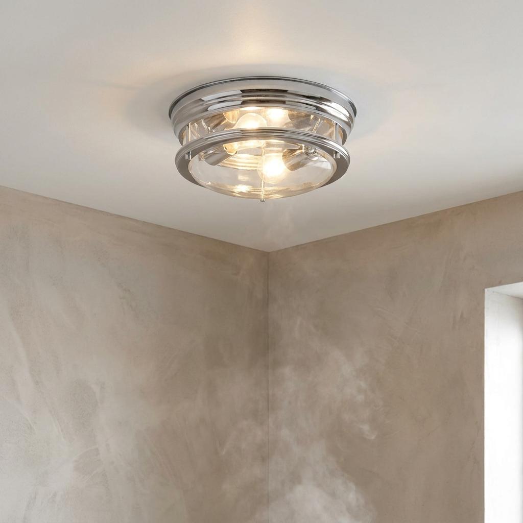 Glasgow 2 Light chrome and glass flush ceiling light glowing in a steamy bathroom setting.