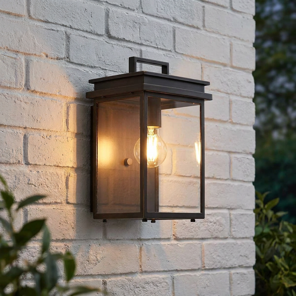 Glenview medium bronze outdoor wall lantern with clear glass and a glowing bulb mounted on a white brick wall.