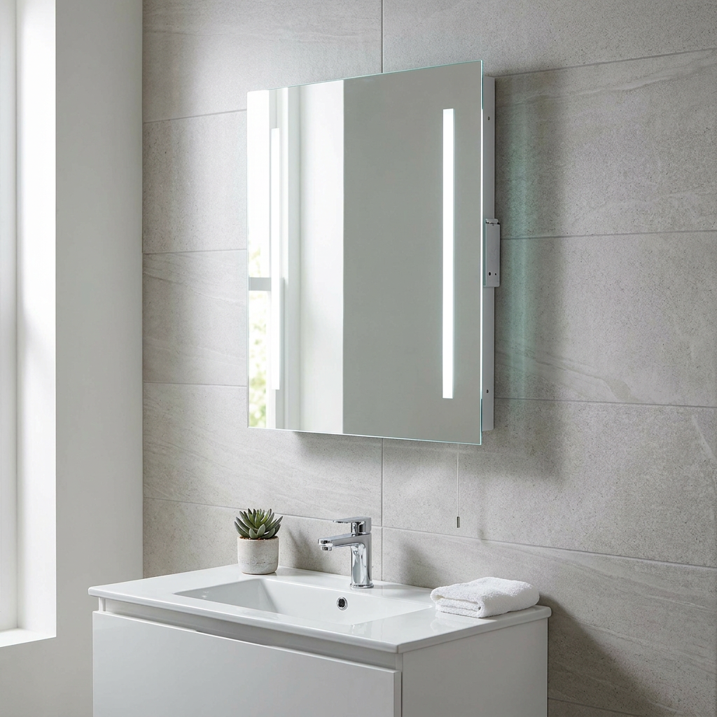 Rectangular bathroom mirror with vertical LED light strips mounted on a grey tiled wall above a white vanity sink.